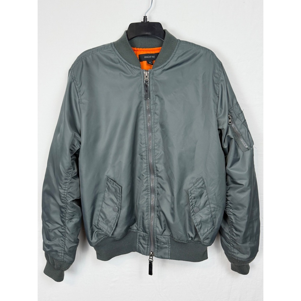 Ring of Fire Mens Nylon Bomber Jacket M Grey MA-1 Flight Utility Coat